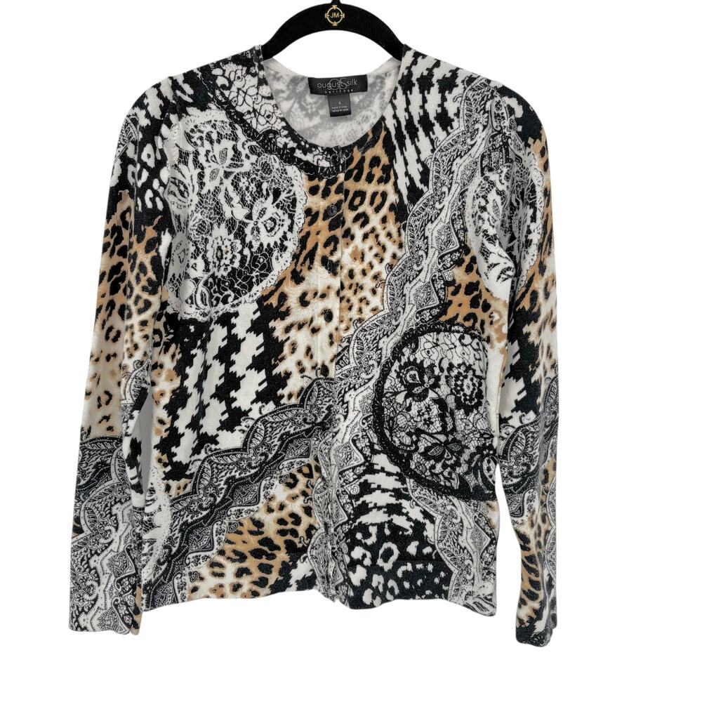 August Silk Cardigan Sweater Womens S Leopard Animal Flower Cotton Button Artsy